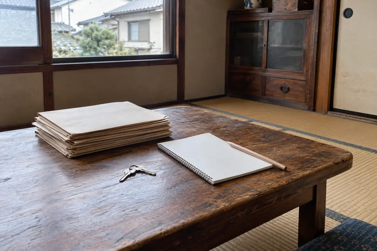 古い和室の机に、閉じた書類袋、家の鍵、白紙のノートを並べたイメージ