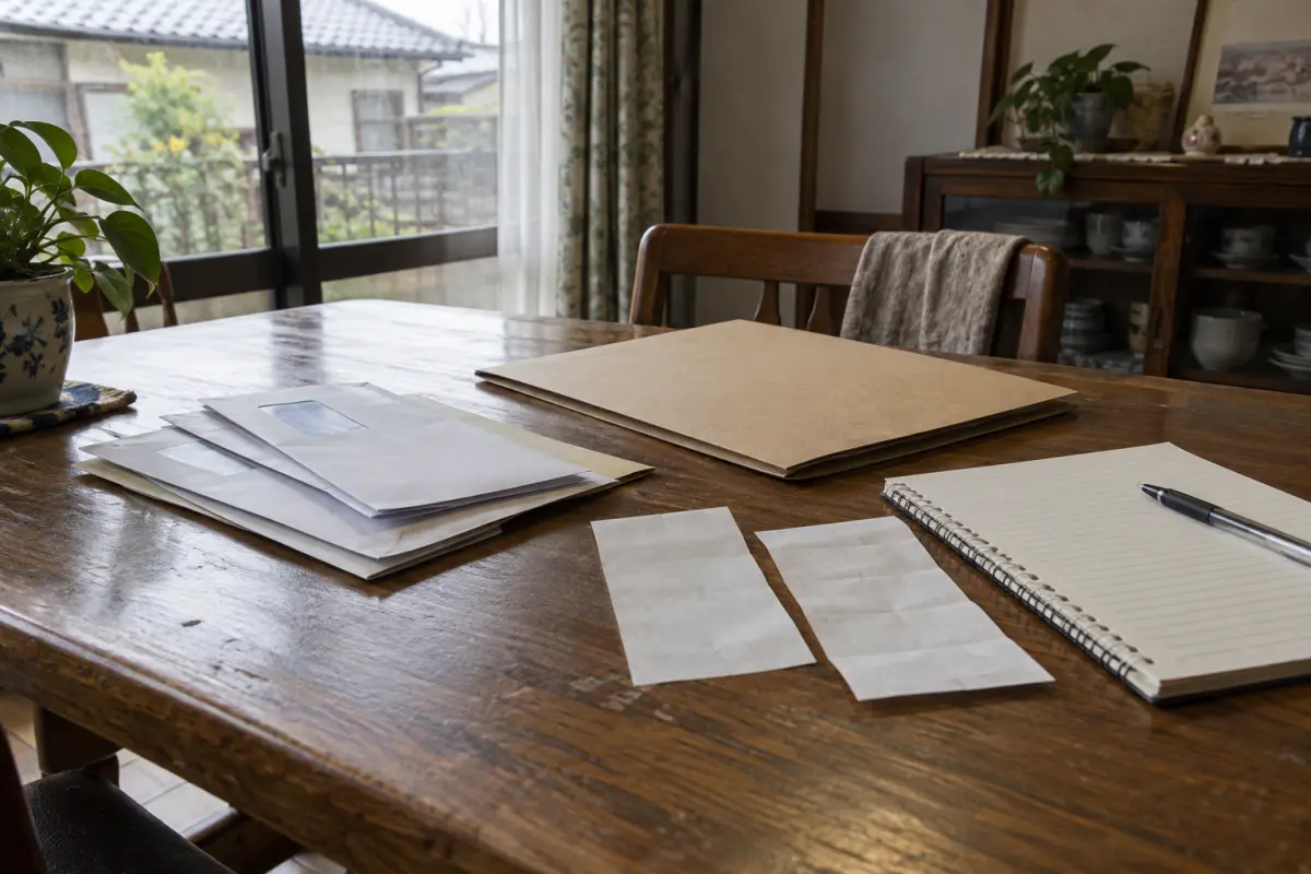 Illustrative table in an older Japanese home with blank papers, envelopes, and a notebook for recording expenses