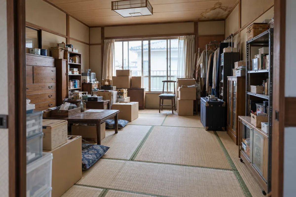 箱や家具が残り、天井の一部にしみがある古い家の室内を描いた生成画像