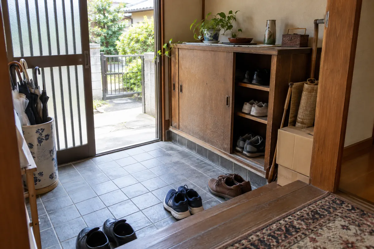 靴箱、傘、箱と靴が残る古い住宅の玄関を描いた生成イメージ