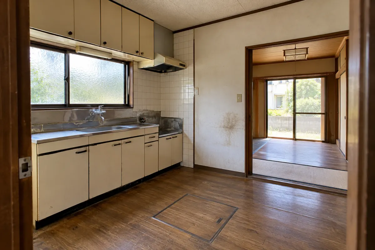 Illustrative older Japanese kitchen with visible wear near the sink and an adjacent room