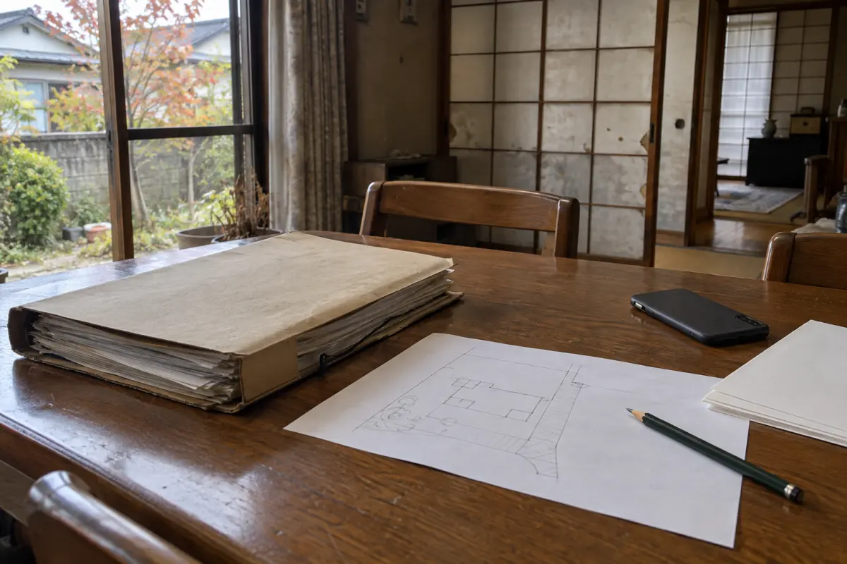 古い日本家屋の食卓に書類と家の略図を広げた説明用生成写真