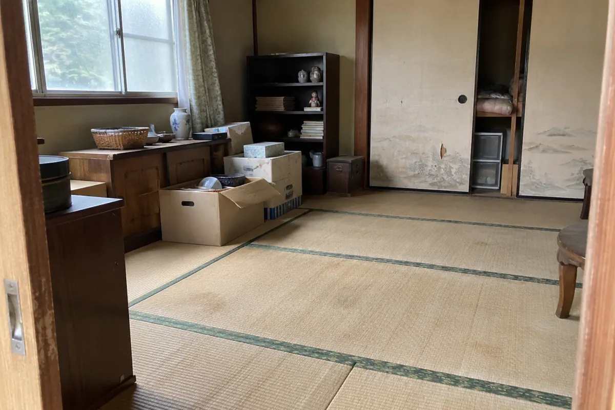 箱や家財が残る古い和室を描いた説明用イメージ