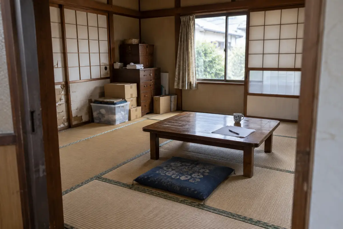 古い和室の隅に家財と段ボール箱があり、座卓に白い紙とペンが置かれている