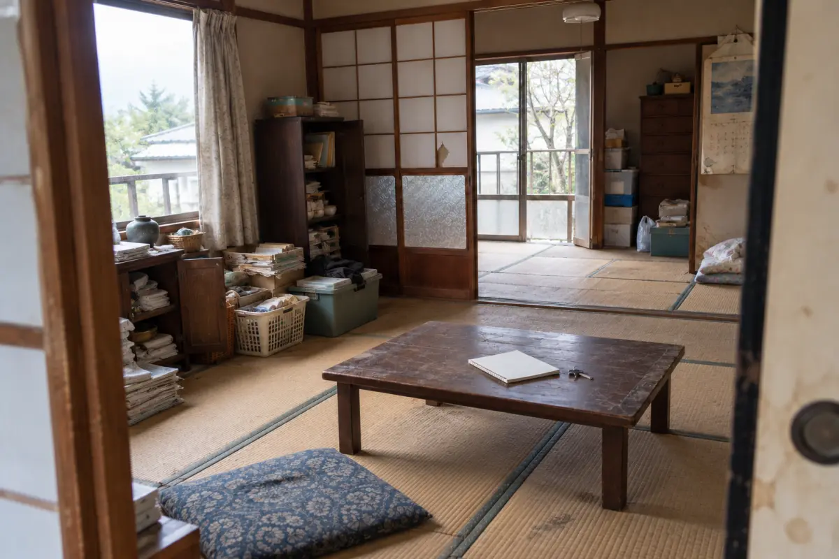 家財が残る古い和室を入口から見た場面。低い机に白いノートと鍵が置かれている