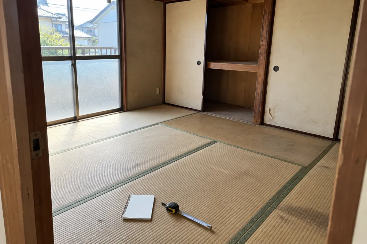 古い和室の入口から、窓、押入れ、畳と床に置いたメジャーを一緒に写した説明用画像