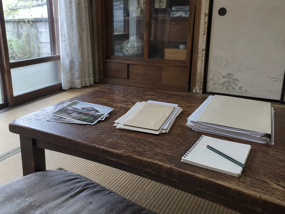 古い畳の部屋の低い机に住宅写真、書類の束、ノートを三組に分けて置いた生成画像