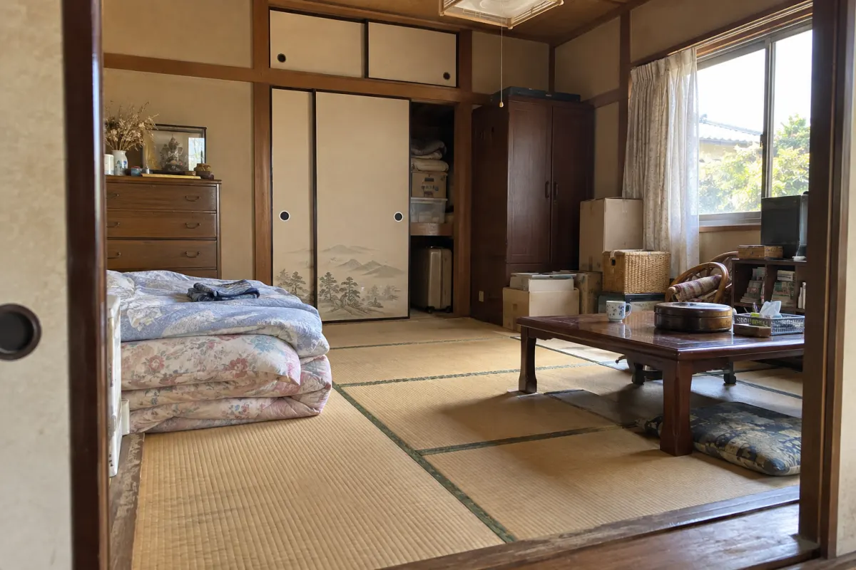 家財や布団が残る古い家の畳の部屋を描いた生成画像