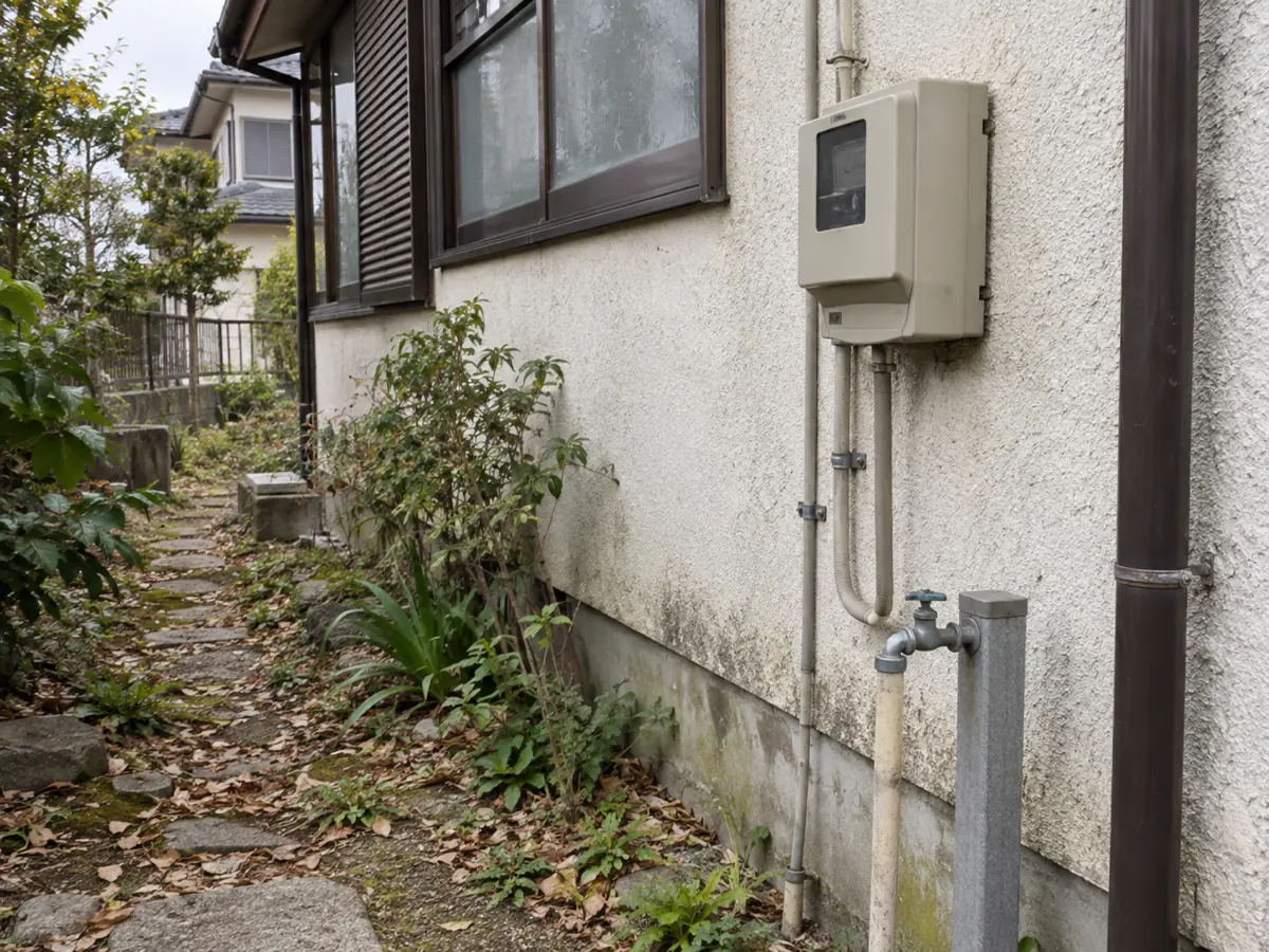 草木のある古い日本の住宅の側面に、設備箱と屋外水栓が見える説明用生成写真