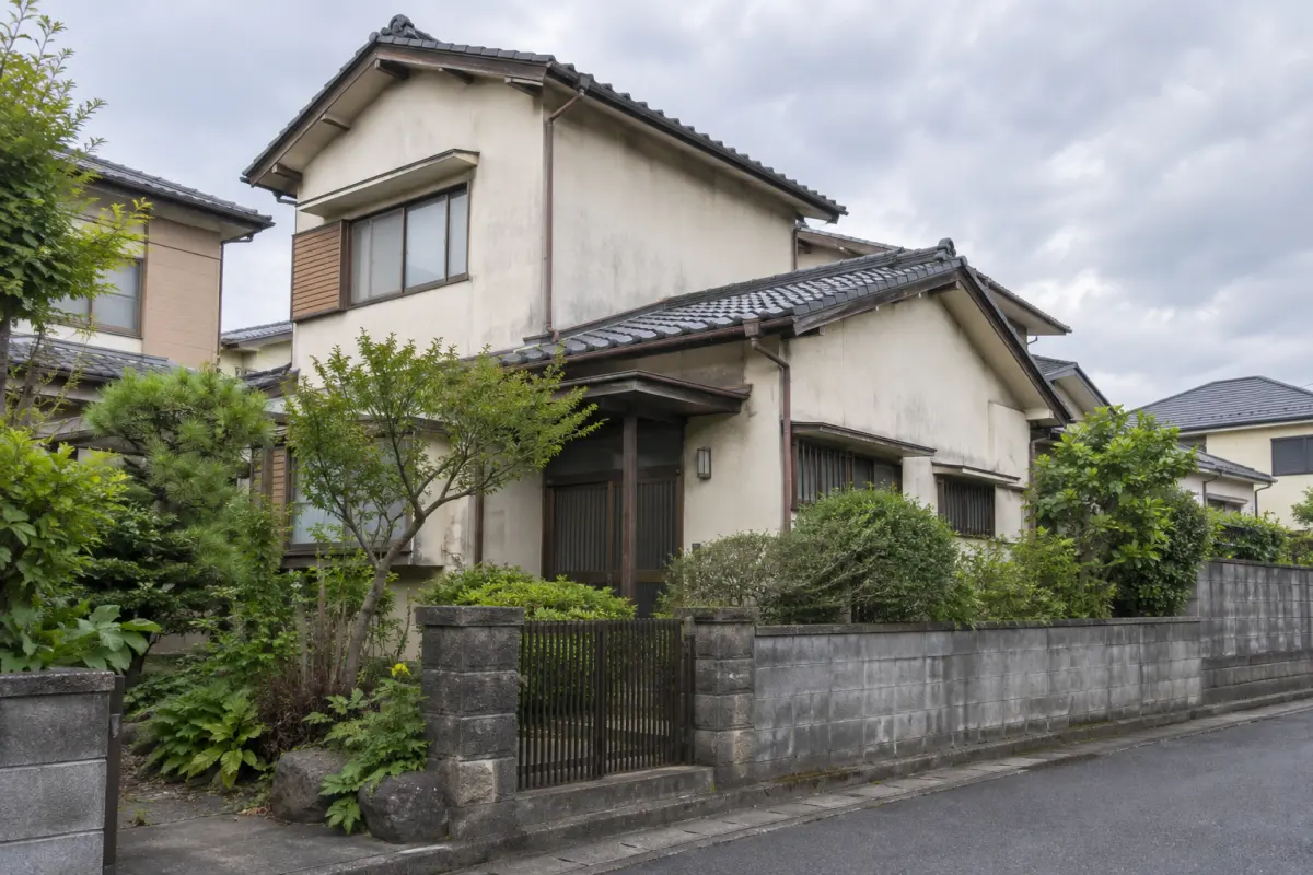 住宅街の古い日本の戸建て住宅を道路側から見た説明用生成写真