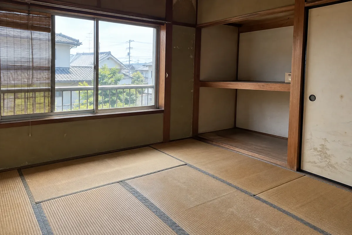 近隣の屋根が窓から見える古い和室と空の棚を写した説明用生成写真