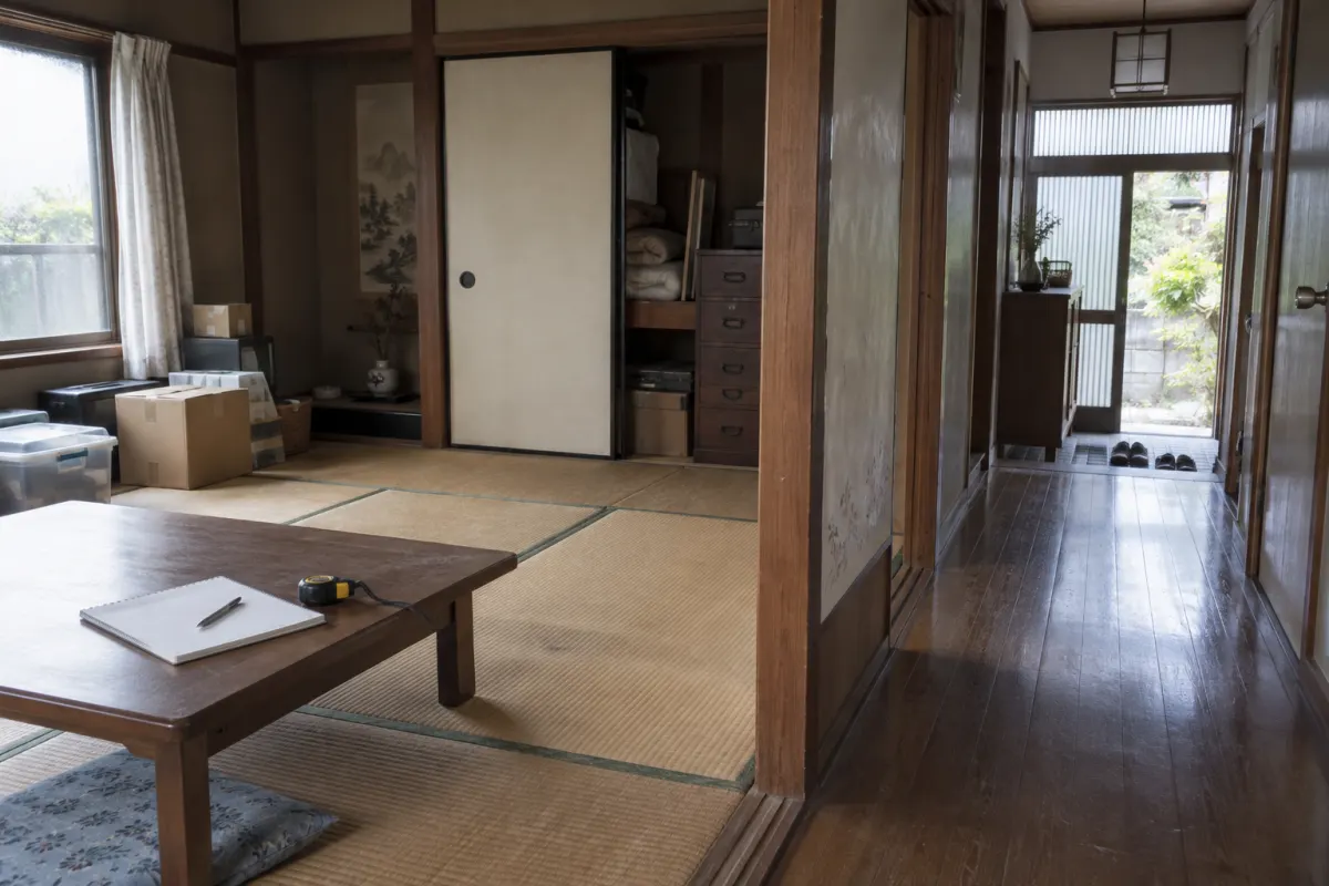 古い日本の和室と玄関までの通路、残る箱、記録用ノートを写した説明用生成写真