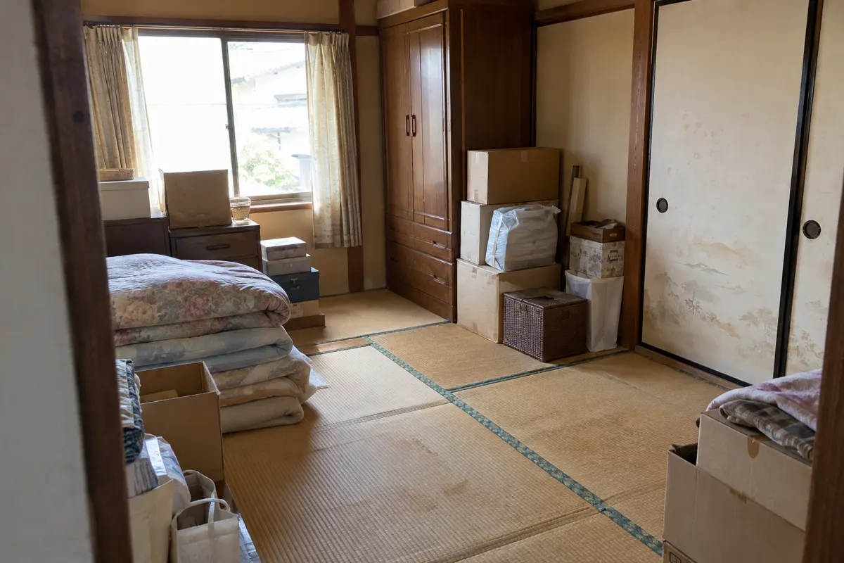 古い和室の布団、段ボール箱、たんすなど家財が残る様子を入口から写した生成写真