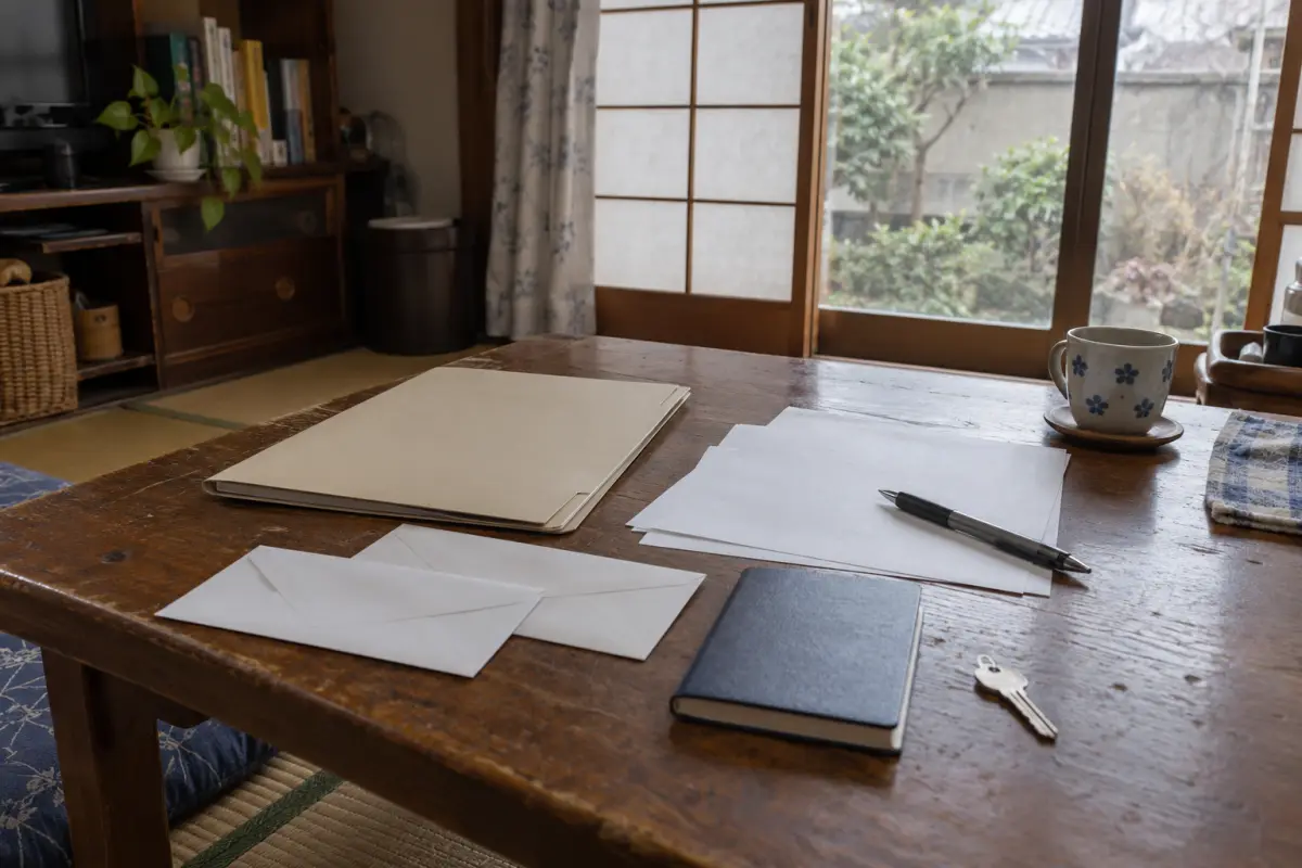 古い日本家屋の座卓に無記名の封筒、白紙、ノート、鍵を置いた説明用の生成画像