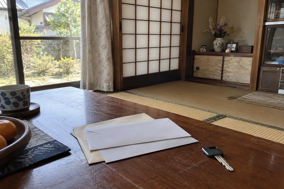 古い日本の和室の机に白い封筒と家の鍵を置いた説明用生成写真