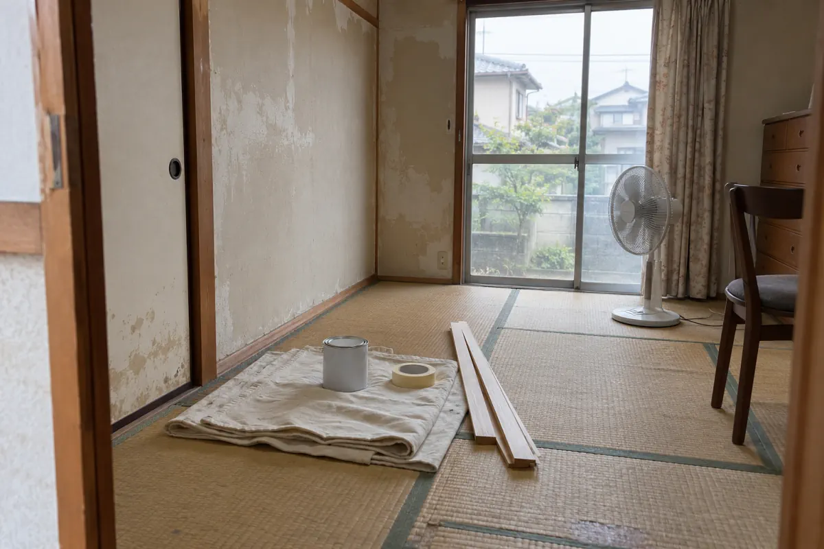 古い日本の住宅の和室に補修用の木材、養生布、塗料缶が置かれ、扇風機と椅子も見える説明用生成写真
