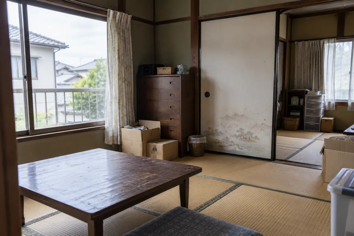 家財と箱が残り壁に傷みが見える古い日本の住宅の和室の説明用生成写真