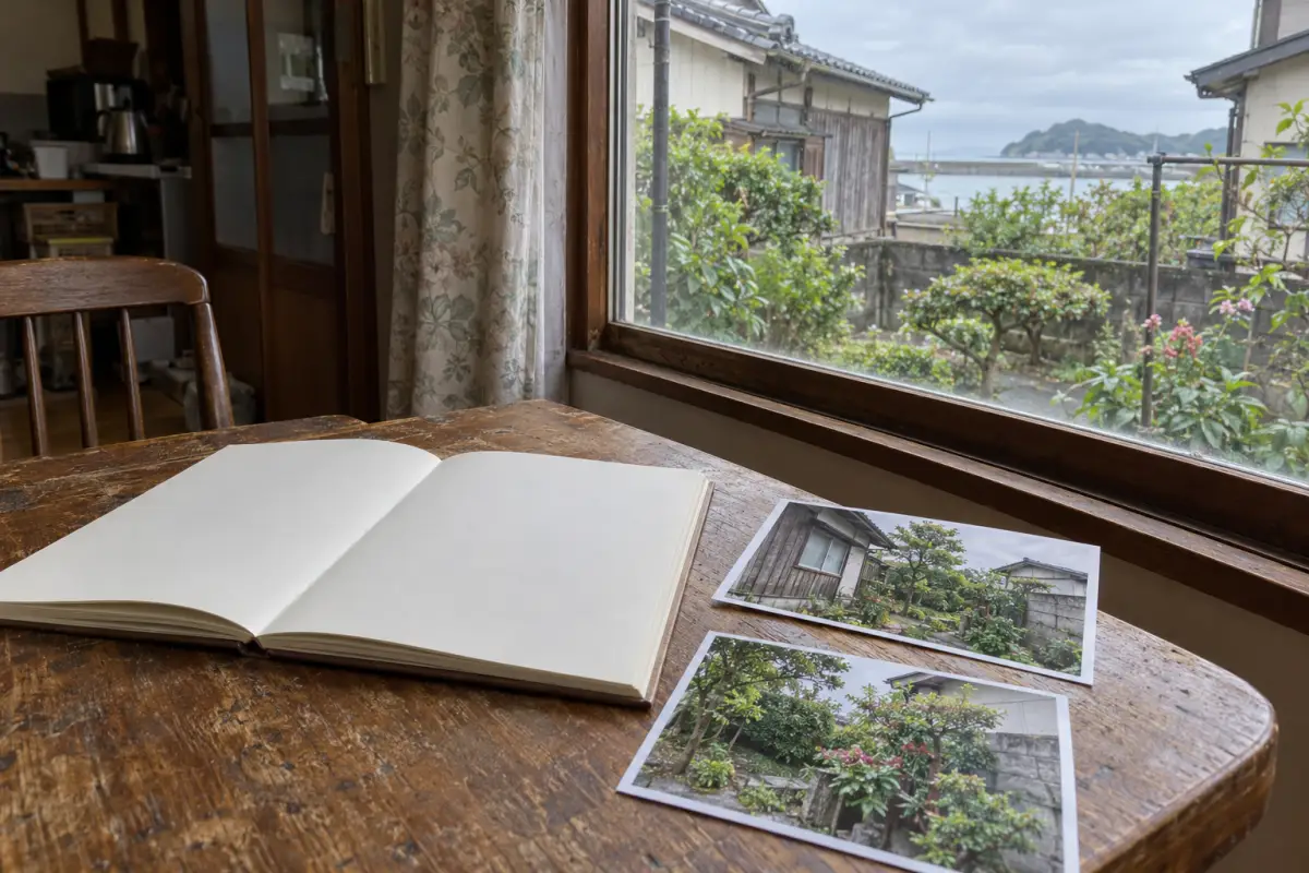 古い住宅の窓辺の机に白紙のノートと家の外観写真を並べた説明用生成写真