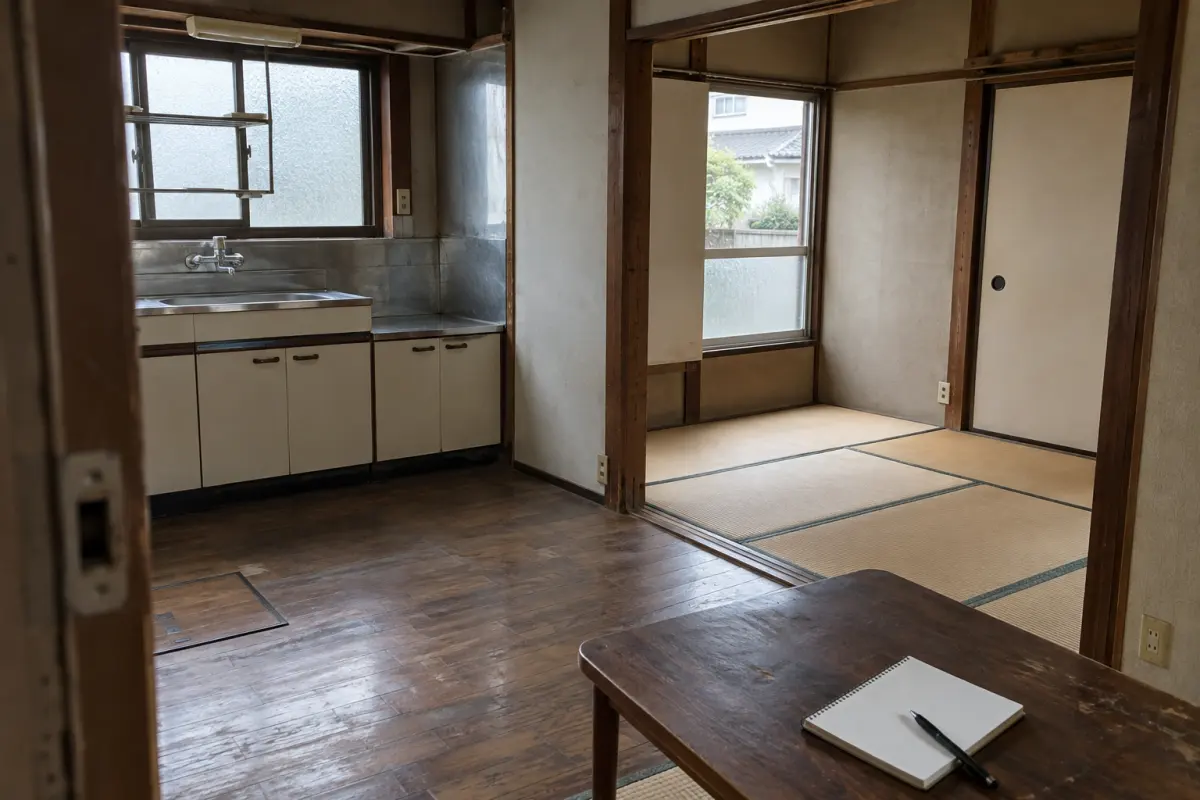 古い日本の家の台所と和室を入口から写し、手前の机に無記名のノートを置いた説明用画像