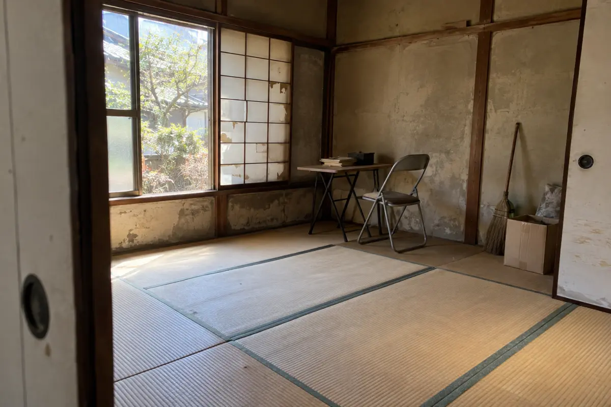 古い和室を入口から見た説明用画像。窓、傷みのある壁、折り畳み机と椅子が写る