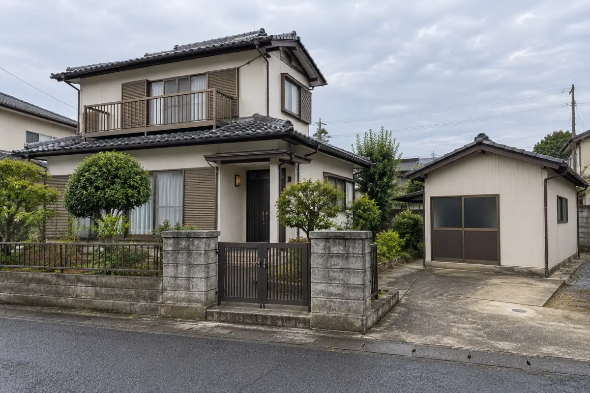 道路から見た古い日本の住宅と隣の小さな建物を描いた説明用生成写真