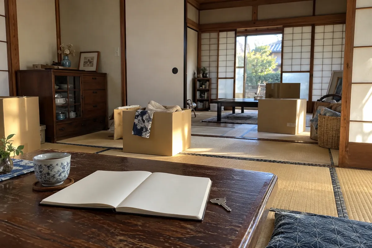 古い和室の机に白紙のノートと鍵があり、奥に家財の箱が置かれた説明用生成写真
