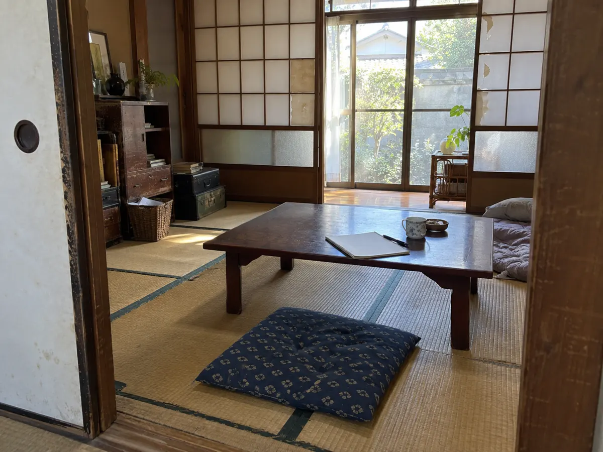 古い和室の入口から見える座卓、家財、白紙のノートを描いた相談準備の参考イメージ