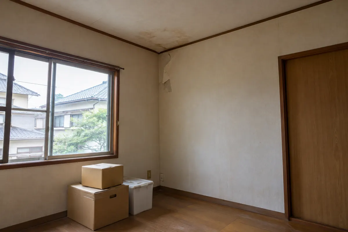 天井にしみ、壁に剥がれが見える古い室内を描いた生成画像
