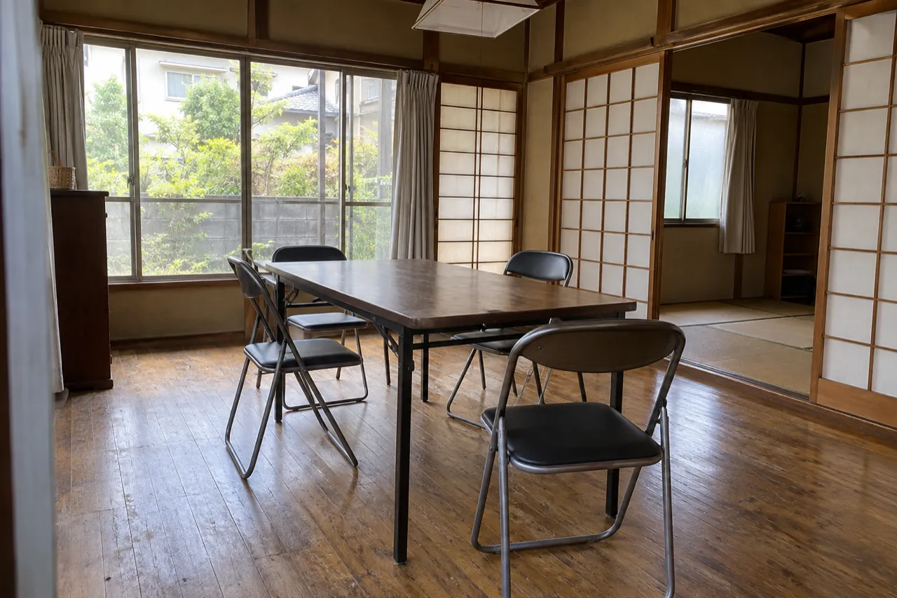 古い日本の家の室内に机と折りたたみ椅子を置いた地域活動拠点の説明用生成写真