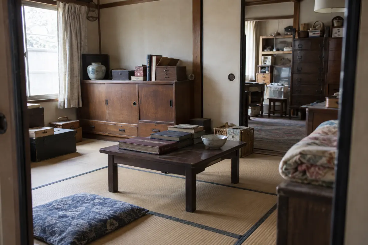 古い家の畳の部屋にアルバムや生活用品が残る様子を描いた生成画像