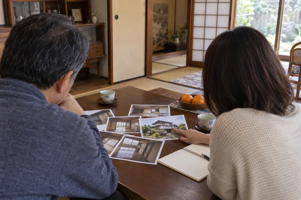 古い家の写真を見ながら話す二人の後ろ姿を描いた生成画像