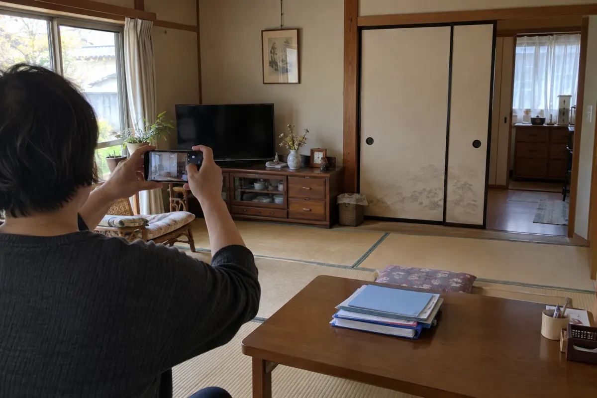 古い日本家屋の和室を背後からスマートフォンで撮影する人物の生成イメージ