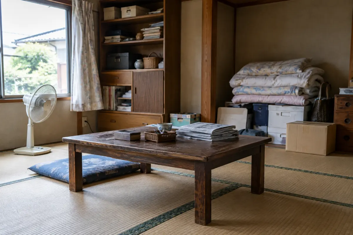 畳の部屋に布団、扇風機、紙類や箱などの家財が残る様子を描いた生成写真