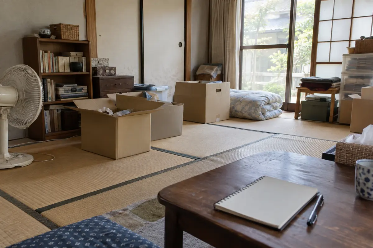 古い日本家屋の室内に残る扇風機、棚、布団、箱と白紙の記録ノートの生成イメージ