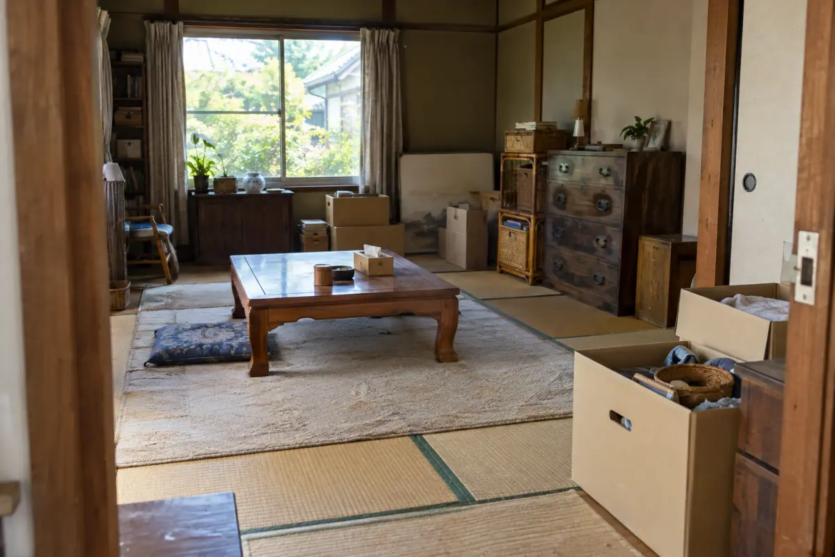 古い和室の入口から、卓、たんす、棚と箱の位置関係を見渡す生成イメージ
