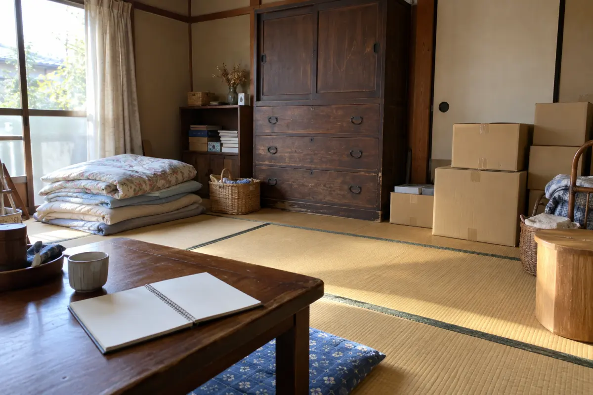 古い日本家屋に残る箪笥、布団、段ボールと、片づけを記録する白紙のノートの生成イメージ