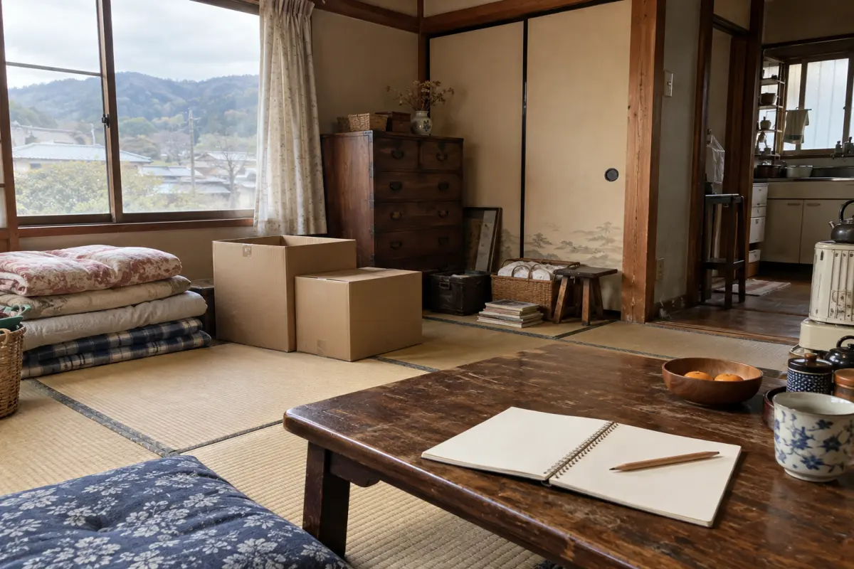 古い和室の布団と箱、ノートを前に家財を整理する場面の生成イメージ