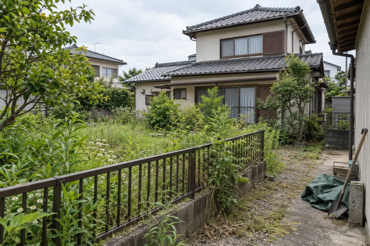 雑草が伸びた庭と古い日本家屋を敷地の通路から見た生成イメージ