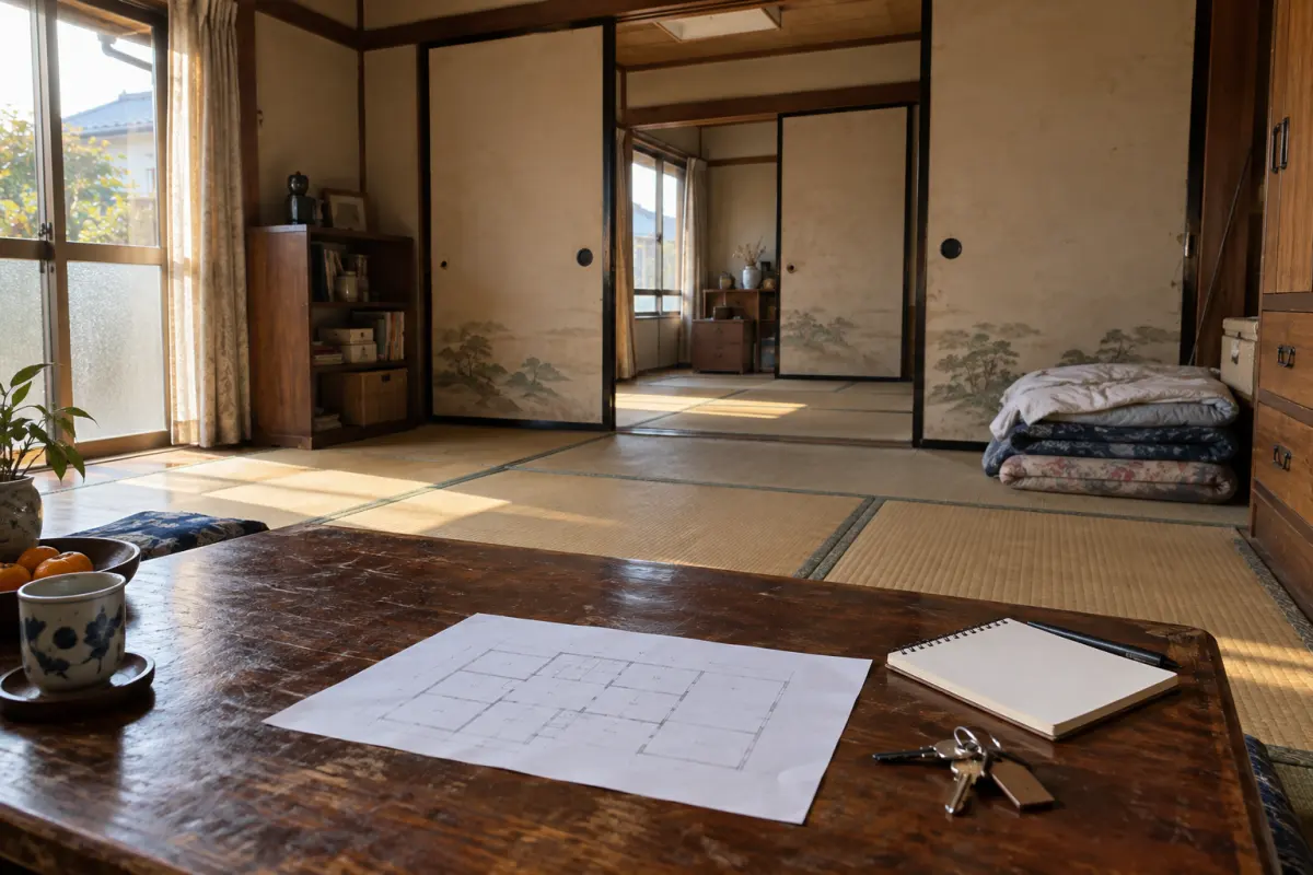 古い日本家屋の畳の部屋と、机の上の間取りメモ、鍵、白紙のノートの生成イメージ