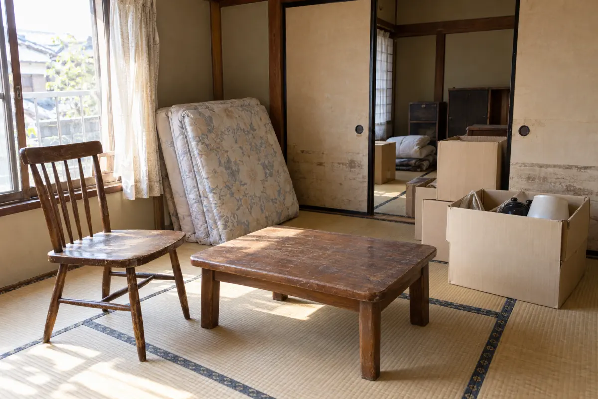 古い日本家屋の室内に残った椅子、机、布団、箱を写した生成イメージ