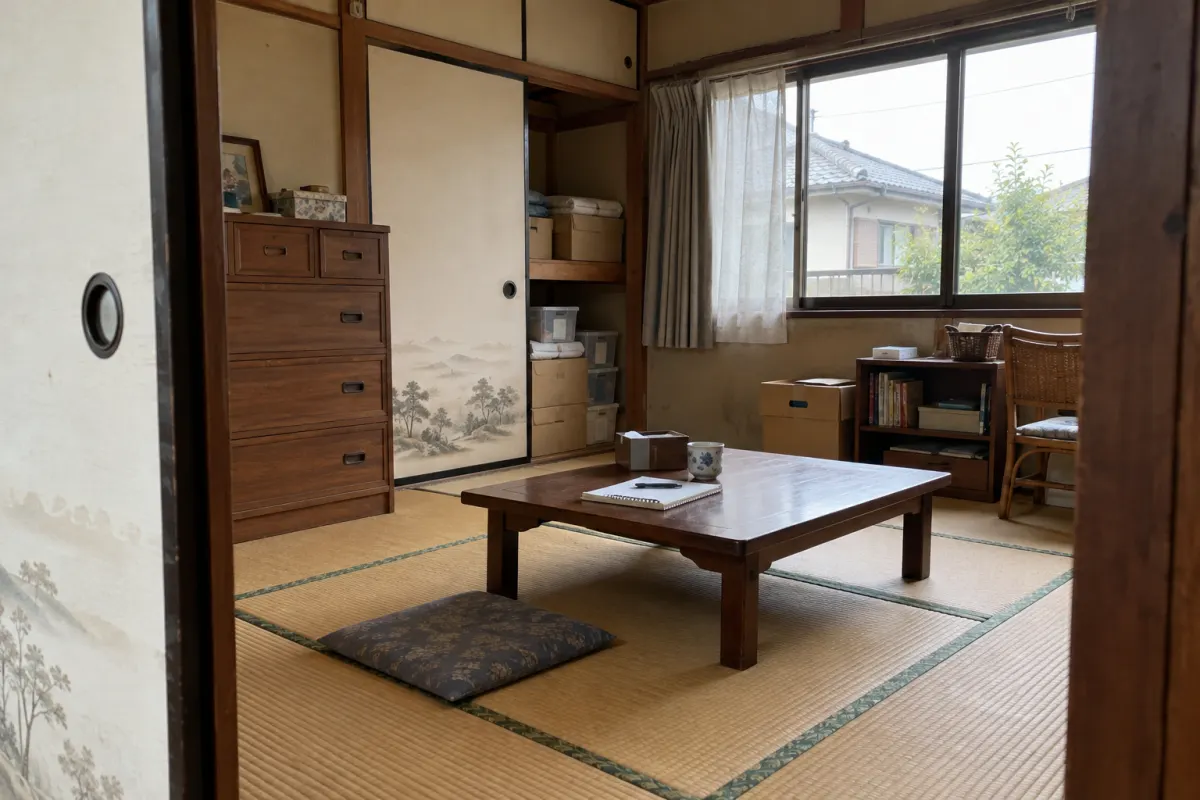 古い和室の入口から、家具、収納、箱と記録用ノートを見渡す生成イメージ
