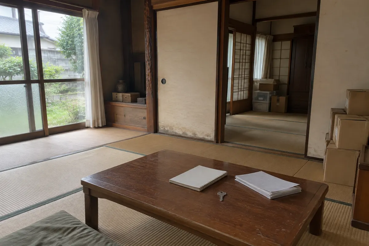 古い和室の机に無記入のノート、書類と鍵を置いた生成イメージ