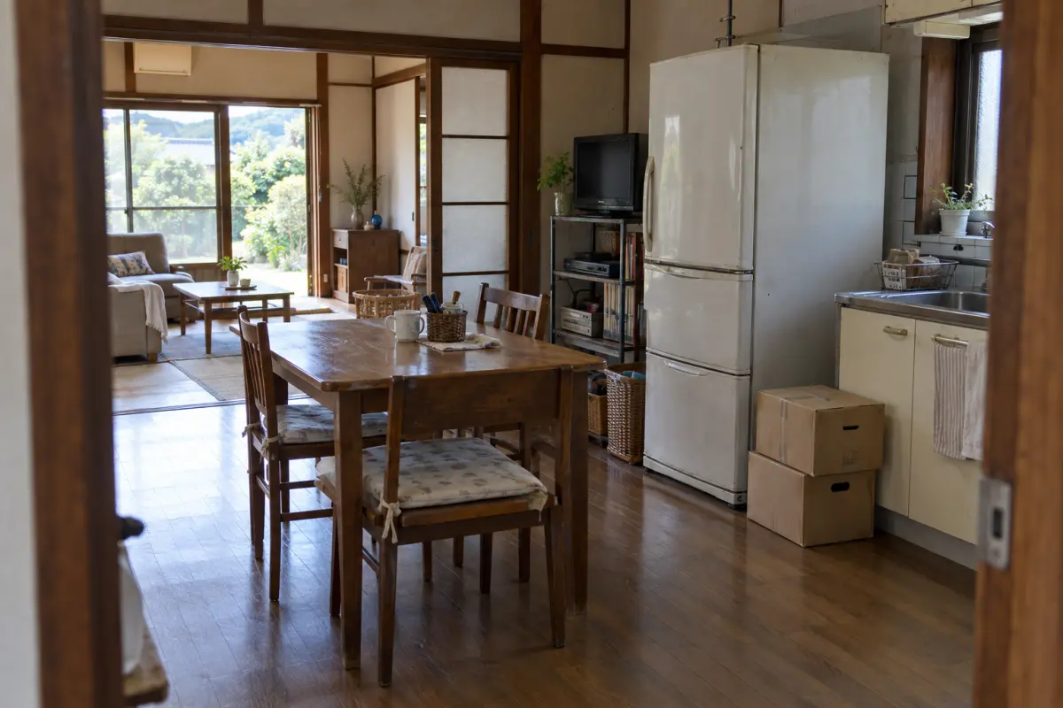 古い家の部屋の入口から、冷蔵庫、テレビ、家具と箱の位置を見渡す生成イメージ