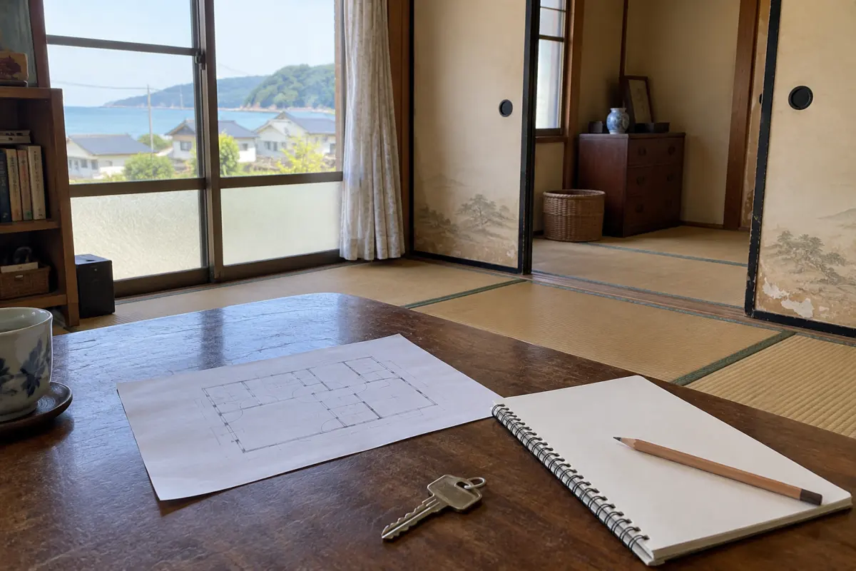 古い日本家屋の畳の部屋と、机の上の鍵、間取りメモ、ノートの生成イメージ