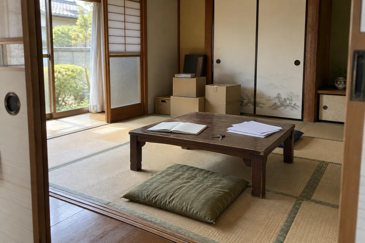 古い和室の机に開いたノートと書類を置き、部屋の全景を見渡す生成イメージ