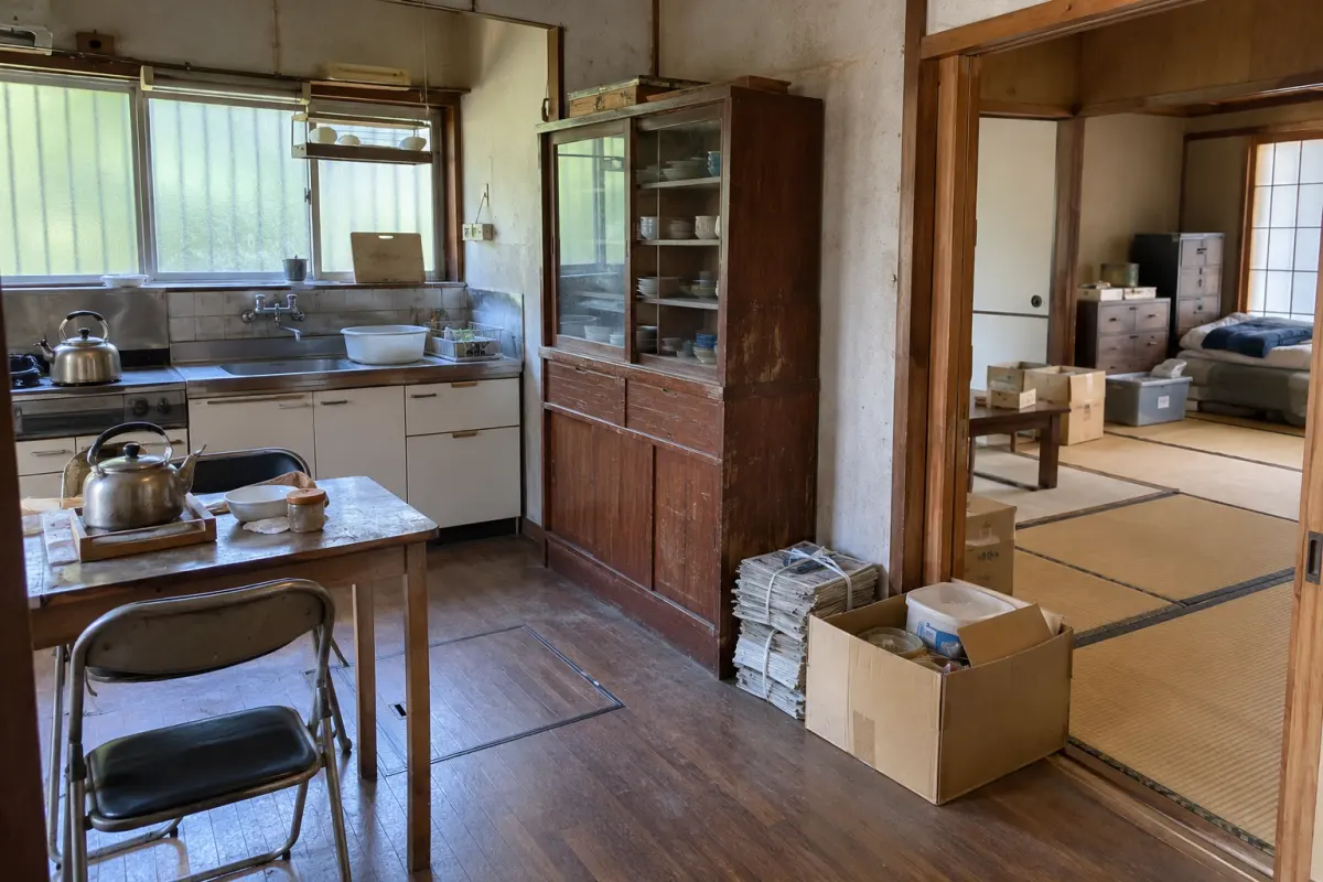 古い日本家屋の台所と隣の畳の部屋に食器棚や箱などの家財が残る説明用生成写真