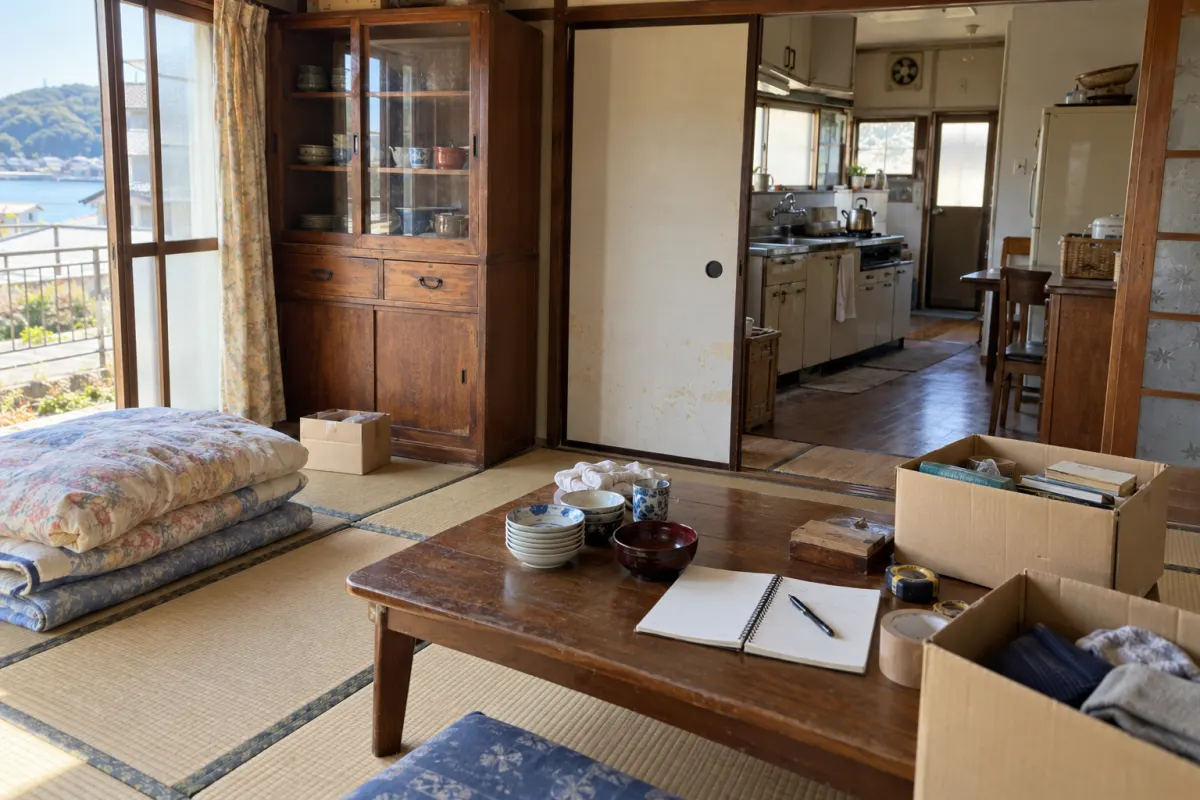 古い日本家屋の畳の部屋に食器や布団と段ボール箱が残り、品物を記録するノートが置かれた説明用生成写真