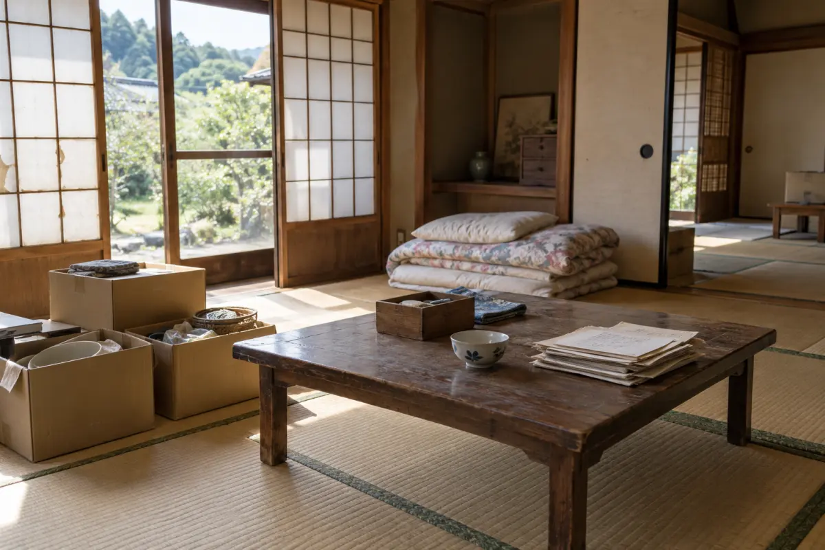 古い日本家屋の畳の部屋で布団と箱に入れた家財を整理する説明用生成写真